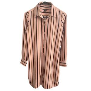 Ann Taylor Petite Pink Striped Button Front Long Sleeve Shirt Dress SP Womens